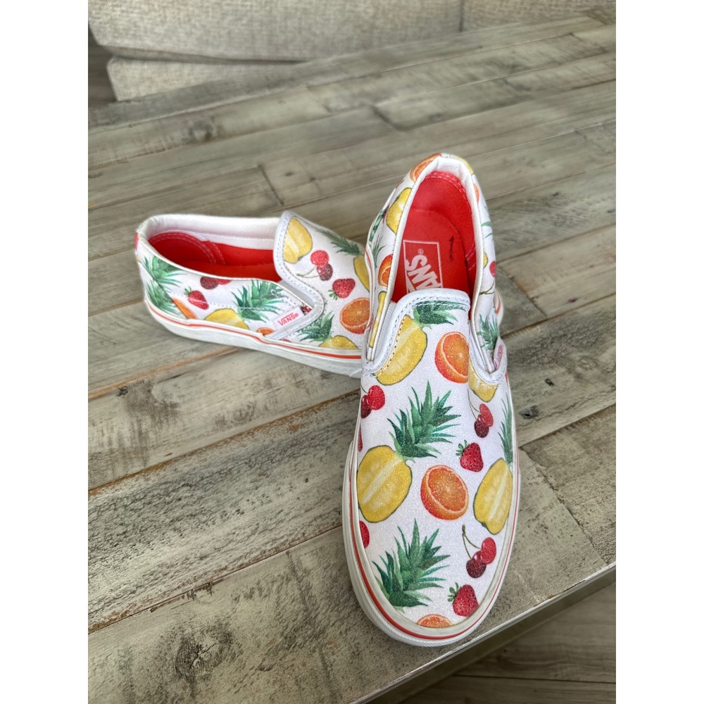 Vans Classic Slip On Tropical Fruit Print Sneakers White Red Womens 7.5 Mens 6 - Picture 2 of 8